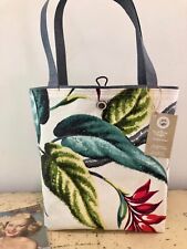 NEW Vintage Hawaiian Floral Palms Leaves Barkcloth Tote Shopping Gift Bag Button picture