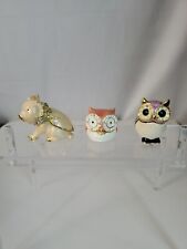 Vintage Trinket Box Hinged Owls Pig Metal Jeweled Crystals Goldtone Miniature  picture