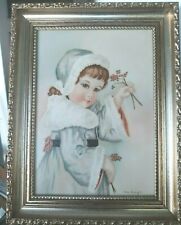 Christmas  Painting Victorian Porcelain Tile Vtg Framed Art Signed Girl Berries picture