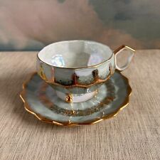 Vintage Royal Halsey Turquoise gold Scallope Footed Cup & Saucer Japan Teacup picture