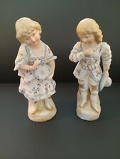 German Bisque Antique Pair Boy Girl Figurines Porcelain Vintage Blue HP Gold picture