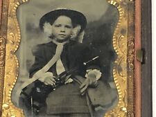 ANTIQUE AMBROTYPE PHOTO NINTH PLATE LITTLE GIRL HAT UMBRELLA GLOVES THERMO CASE picture