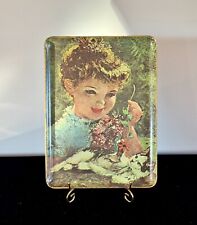 VTG Metal Serving Trays Litho Image of Young Girl w/Flowers 14”x10.25” picture