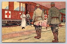 Railroad Postcard WWI German Art Red Cross Wounded To Train Balkanzug Haase AT14 picture