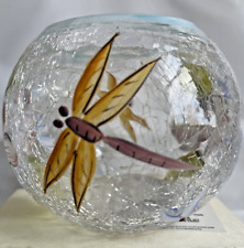 Vintage Fifth Ave Crystal Crackle Glass Hand Painted Floral Dragonfly Bowl Decor picture
