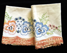 Vintage Pillowcase Set Queen Hand Embroidered Crocheted Edging Orange Blue Pansy picture