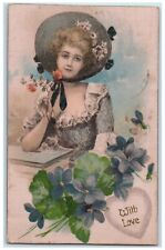1911 Pretty Woman With Love Heart Flowers Silk Winsch Back Hanska MN Postcard picture