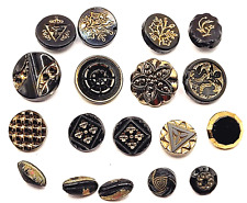 18 Vintage to Antique BLACK GLASS BUTTONS Gold Luster Incised Low Relief Shank picture