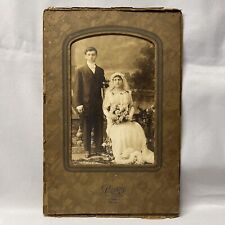Vtg 1920s Wedding Photo Antique Cabinet Card Bride Groom Sitting Sepia 8x10” picture