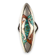Vintage Native American Turquoise and Coral Chip Inlay Long Ring SZ 7.75 Signed picture