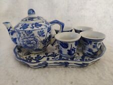 Chinese Porcelain Tea Set Blue & White Floral With Tray Vintage picture