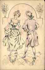 Elizabethan Scene Couple in Elaborate Costumes Dancing c1905 Postcard picture