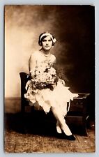 RPPC Young Person On Classic Furniture w/ Bouquet of Flowers ANTIQUE Postcard picture