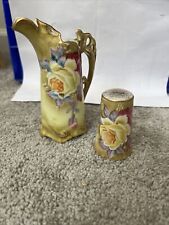 Vtg  Nippon Hand Painted Roses Victorian Gold Trim Porcelain Pitcher&salt Shaker picture