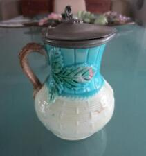 Antique Majolica SYRUP Pitcher JUG wPewter Lid 4½