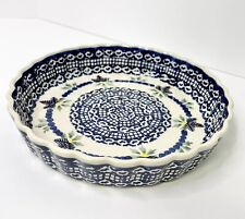 Polish Pottery BOLESLAWIEC Pie / Quiche Plate Dish Blue White Dot Floral 9.25”D picture