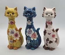Vtg MCM Ceramic Cats Set of 3 Blue Yellow White w/Flowers Japan 9 in picture