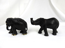 Antique Ebony Wood Elephant Figures Hand Carved With Inlay x2 PAIR picture