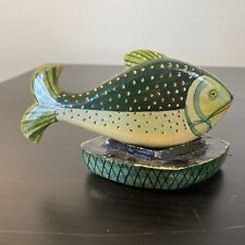Vintage Hand Carved Fish Wooden Box Hand Painted Made in India Green picture