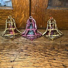 3 vintage Bradford filigree bell cage plastic Christmas ornaments w/ inserts picture