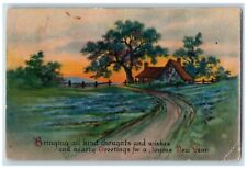 c1910's Hearty Greetings And New Year House And Trees Wolf Antique Postcard picture