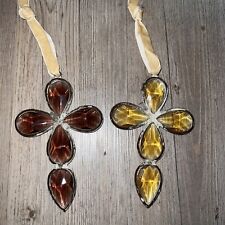 2 Vintage Stained Glass Style Crystal Gems Christian Cross Suncatcher 7” Long picture