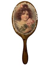 Vintage Solid Oak Wood Victorian Lace Lady Vanity Hand Mirror 11.5” x 4.75” picture