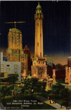 Chicago Illinois IL Water Tower Palmolive Building Spot Light Night Postcard picture