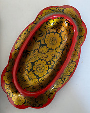 Russian KHOKHLOMA style Hand Painted Wood Tray Shallow Bowl 12-3/8