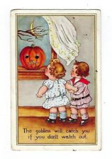 1915 Halloween Postcard 2 Young Girls Looking at Pumpkin & Moon picture