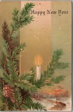 Vintage 1906 HAPPY NEW YEAR Postcard Pine Branch / Lit Candle / River Scene picture
