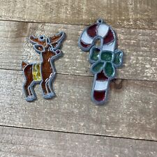 2 Vintage Stained Glass Sun Catcher Christmas Tree Ornaments Candy Cane Reindeer picture