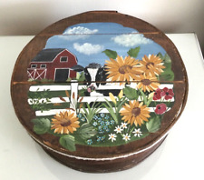 VTG  Large Wisconsin Wooden Handpainted Farm Scene Cheese Box Cow Fence Flowers picture