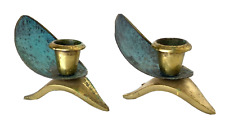Pair Vintage Modernist Verdigris Brass Candle Holders, Oppenheim Israel 3-3/4' picture