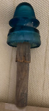 Hemingray 19 Aqua Blue Glass Insulator w/Wood Mounting Spindle picture