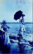 Postcard Undivided back two women at the beach in dress Blue Tint picture