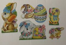 5 Vintage EASTER Die Cut Decorations BUiNNY  Lamb Chick basket Egg picture