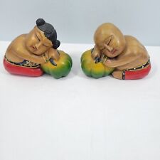 Vintage Asian Hand Painted/Wood Carved Man & Woman Sleeping on Melon 61723-3M1 picture