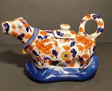 Vintage Chinese Porcelain Imari Style Cow Creamer Pitcher Jug Figurine w/Lid picture