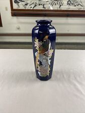 Vintage Japanese Vase Cobalt Blue 11” Porcelain Enameled w/ Bird & Floral Motif picture
