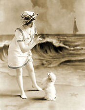 1913 Portrait of  Bathing Beauty & Her Dog Vintage Old Photo 8.5