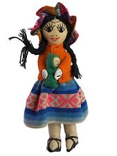 Folk Art Doll with Baby Peruvian 9'' Tall with Braided Hair Andean Textile Dress picture