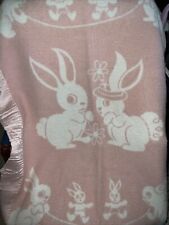 Vintage Pink Bunny Rabbit Blanket with Satin Binding 34x48 picture