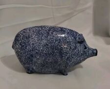 Vintage Enesco 9 In. Ceramic Piggy Bank Blue & White SpongeWear Speckled picture