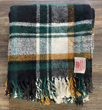Vtg Troy Leisure Blanket Plaid Green Black Yellow Fringe Wool Blend 48”x48” Cozy picture