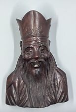 Vintage Smiling Old Man Hand Carved Balinese Bali Wood Figurine Bust 7”x5”x3” picture