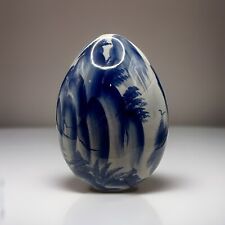 Vintage Large Porcelain Hang Painted Asian Scene Blue White Egg 6” picture