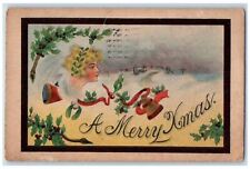 c1910's Christmas Pretty Girl Holly Berries Bell Ribbon Posted Antique Postcard picture