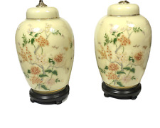 Pair of Vintage Chinese Ginger Jar Lamps Hand Painted Large Porcelain Beige picture