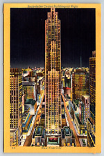 c1940s Rockefeller Center Building Night View Vintage Linen Postcard picture